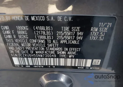 2022 Honda Hr-V Awd Ex из США, поврежденный, VIN 3CZRU6H50NM730049